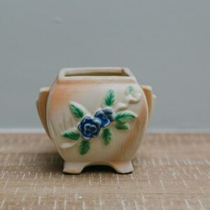 Vintage Ceramic Mini Planter Blue Rose Floral Cachepot Footed Vase Cottage Decor